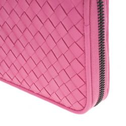 Pre Owned Bottega Veneta Pink Intreciatto Zip Around Wallet