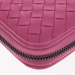 Pre Owned Bottega Veneta Pink Intreciatto Zip Around Wallet