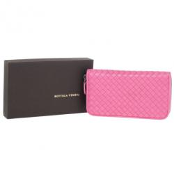 Pre Owned Bottega Veneta Pink Intreciatto Zip Around Wallet