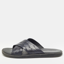 Pre Owned Bottega Veneta Navy Blue Intrecciato Leather Cross Strap Flat Slides Size 43