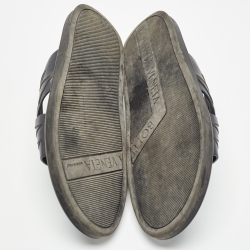 Pre Owned Bottega Veneta Navy Blue Intrecciato Leather Cross Strap Flat Slides Size 43