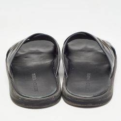 Pre Owned Bottega Veneta Navy Blue Intrecciato Leather Cross Strap Flat Slides Size 43