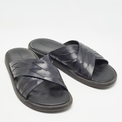 Pre Owned Bottega Veneta Navy Blue Intrecciato Leather Cross Strap Flat Slides Size 43