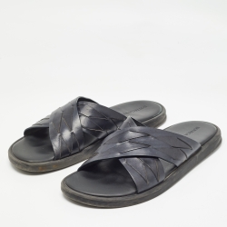 Pre Owned Bottega Veneta Navy Blue Intrecciato Leather Cross Strap Flat Slides Size 43