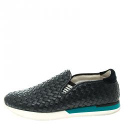 Pre Owned Bottega Veneta Navy Blue Intrecciato Leather Sneakers Size 40