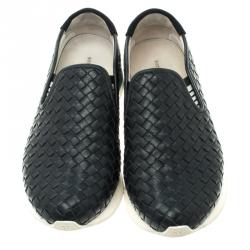 Pre Owned Bottega Veneta Navy Blue Intrecciato Leather Sneakers Size 40