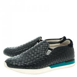 Pre Owned Bottega Veneta Navy Blue Intrecciato Leather Sneakers Size 40
