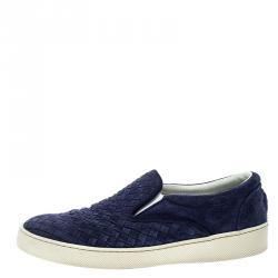 Pre Owned Bottega Veneta Blue Intrecciato Suede Slip On Sneakers Size 41.5