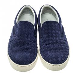 Pre Owned Bottega Veneta Blue Intrecciato Suede Slip On Sneakers Size 41.5