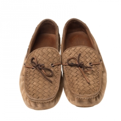Pre Owned Bottega Veneta Brown Intrecciato Suede Bow Slip On Loafers Size 44