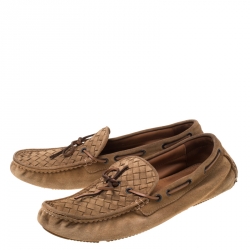 Pre Owned Bottega Veneta Brown Intrecciato Suede Bow Slip On Loafers Size 44