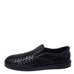 Pre Owned Bottega Veneta Black Intrecciato Leather Dodger Slip-on Sneakers Size 44