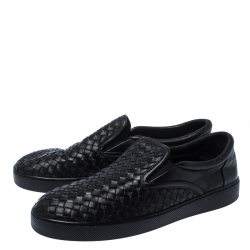 Pre Owned Bottega Veneta Black Intrecciato Leather Dodger Slip-on Sneakers Size 44