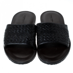 Pre Owned Bottega Veneta Black Intrecciato Leather Slide Sandals Size 45