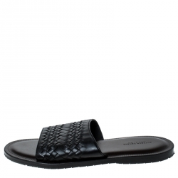 Pre Owned Bottega Veneta Black Intrecciato Leather Slide Sandals Size 45