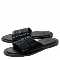 Pre Owned Bottega Veneta Black Intrecciato Leather Slide Sandals Size 45