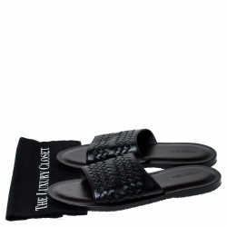 Pre Owned Bottega Veneta Black Intrecciato Leather Slide Sandals Size 45
