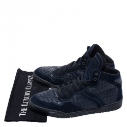 Pre Owned Bottega Veneta Blue Suede And Intrecciato Leather High Top Lace Up Sneaker Size 44