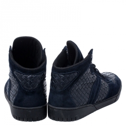 Pre Owned Bottega Veneta Blue Suede And Intrecciato Leather High Top Lace Up Sneaker Size 44