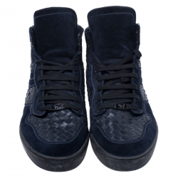 Pre Owned Bottega Veneta Blue Suede And Intrecciato Leather High Top Lace Up Sneaker Size 44