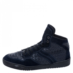 Pre Owned Bottega Veneta Blue Suede And Intrecciato Leather High Top Lace Up Sneaker Size 44
