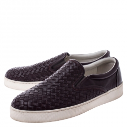 Pre Owned Bottega Veneta Burgundy Intrecciato Leather Slip On Sneakers Size 42