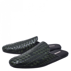 Pre Owned Bottega Veneta Green/Dark Grey Intrecciato Leather Fiandra Mules Size 42