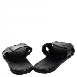Pre Owned Bottega Veneta Black Leather Zig Zag Inlay Detail Plage Slip On Sandals Size 42