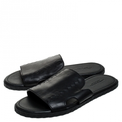 Bottega Veneta Black Leather Zig Zag Inlay Detail Plage Slip On Sandals Size 42