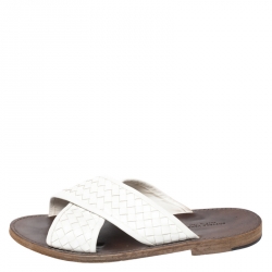 Pre Owned Bottega Veneta White Criss Cross Intrecciato Leather Flat Slides Size 43