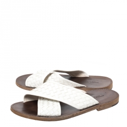 Pre Owned Bottega Veneta White Criss Cross Intrecciato Leather Flat Slides Size 43