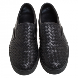 Pre Owned Bottega Veneta Black Intrecciato Leather Dodger Slip-on Sneakers Size 42