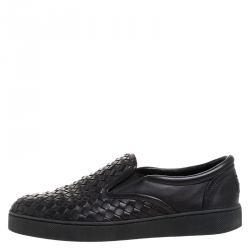 Pre Owned Bottega Veneta Black Intrecciato Leather Dodger Slip-on Sneakers Size 42