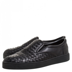 Pre Owned Bottega Veneta Black Intrecciato Leather Dodger Slip-on Sneakers Size 42