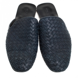Pre Owned Bottega Veneta Navy Blue Intrecciato Leather Fiandra Mules Size 42