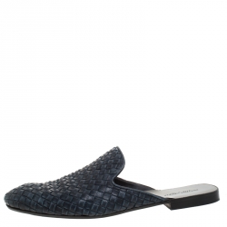 Pre Owned Bottega Veneta Navy Blue Intrecciato Leather Fiandra Mules Size 42