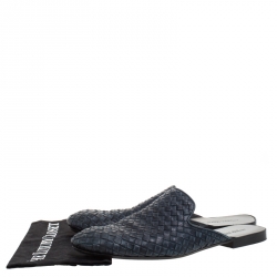 Pre Owned Bottega Veneta Navy Blue Intrecciato Leather Fiandra Mules Size 42
