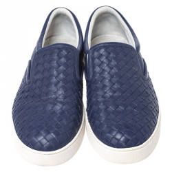 Pre Owned Bottega Veneta Dark Blue Intrecciato Leather Slip On Sneakers Size 42