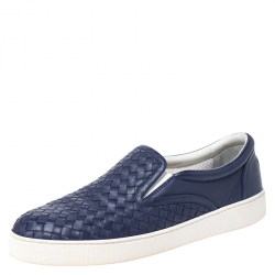 Pre Owned Bottega Veneta Dark Blue Intrecciato Leather Slip On Sneakers Size 42