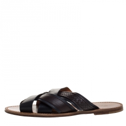 Pre Owned Bottega Veneta Black/Brown Leather Crisscross Slide Sandals Size 44