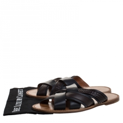 Pre Owned Bottega Veneta Black/Brown Leather Crisscross Slide Sandals Size 44