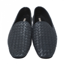 Pre Owned Bottega Veneta Blue Intrecciato Leather Smoking Slippers Size 40.5
