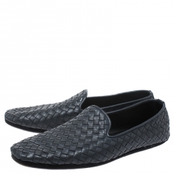 Pre Owned Bottega Veneta Blue Intrecciato Leather Smoking Slippers Size 40.5