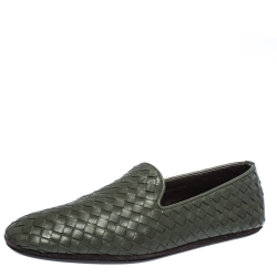 Pre Owned Bottega Veneta Green Intrecciato Leather Smoking Slippers Size 40.5