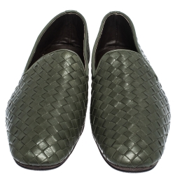 Pre Owned Bottega Veneta Green Intrecciato Leather Smoking Slippers Size 40.5