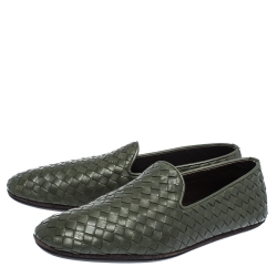 Pre Owned Bottega Veneta Green Intrecciato Leather Smoking Slippers Size 40.5