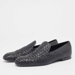 Pre Owned Bottega Veneta Midnight Blue Intrecciato Leather Slip On Loafers Size 45