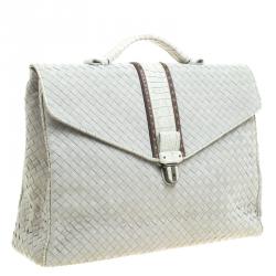 Bottega Veneta Grey Intrecciato Leather Crocodile Trim Briefcase 