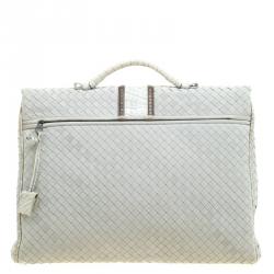 Bottega Veneta Grey Intrecciato Leather Crocodile Trim Briefcase 