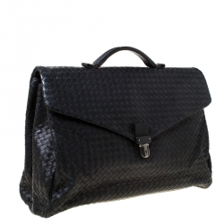 Pre Owned Bottega Veneta Black Intrecciato Leather Briefcase  